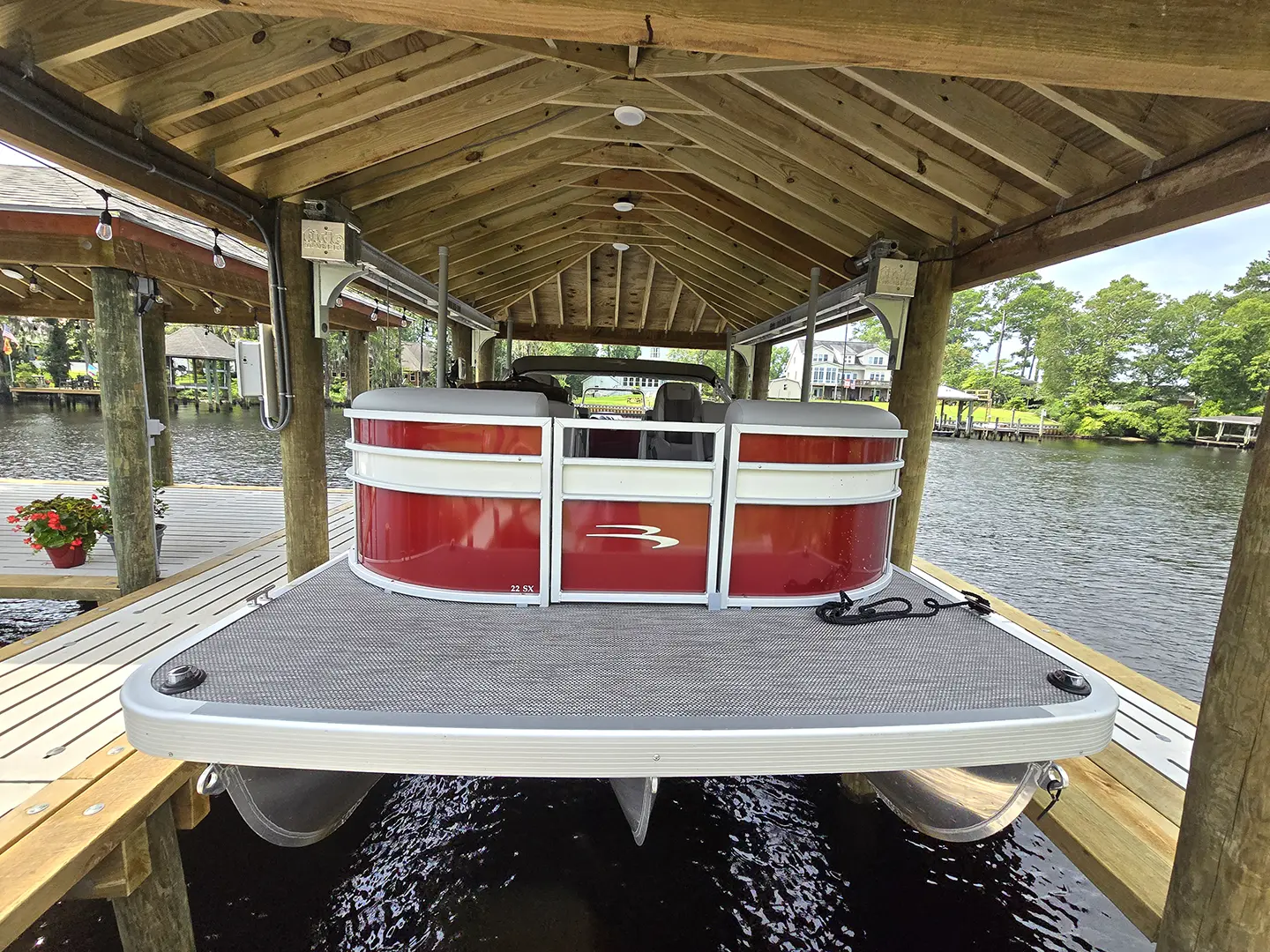 Hog Slat Dock with Boathouse, Boat Lift, Finger Piers and Covered Platform on Brices Creek