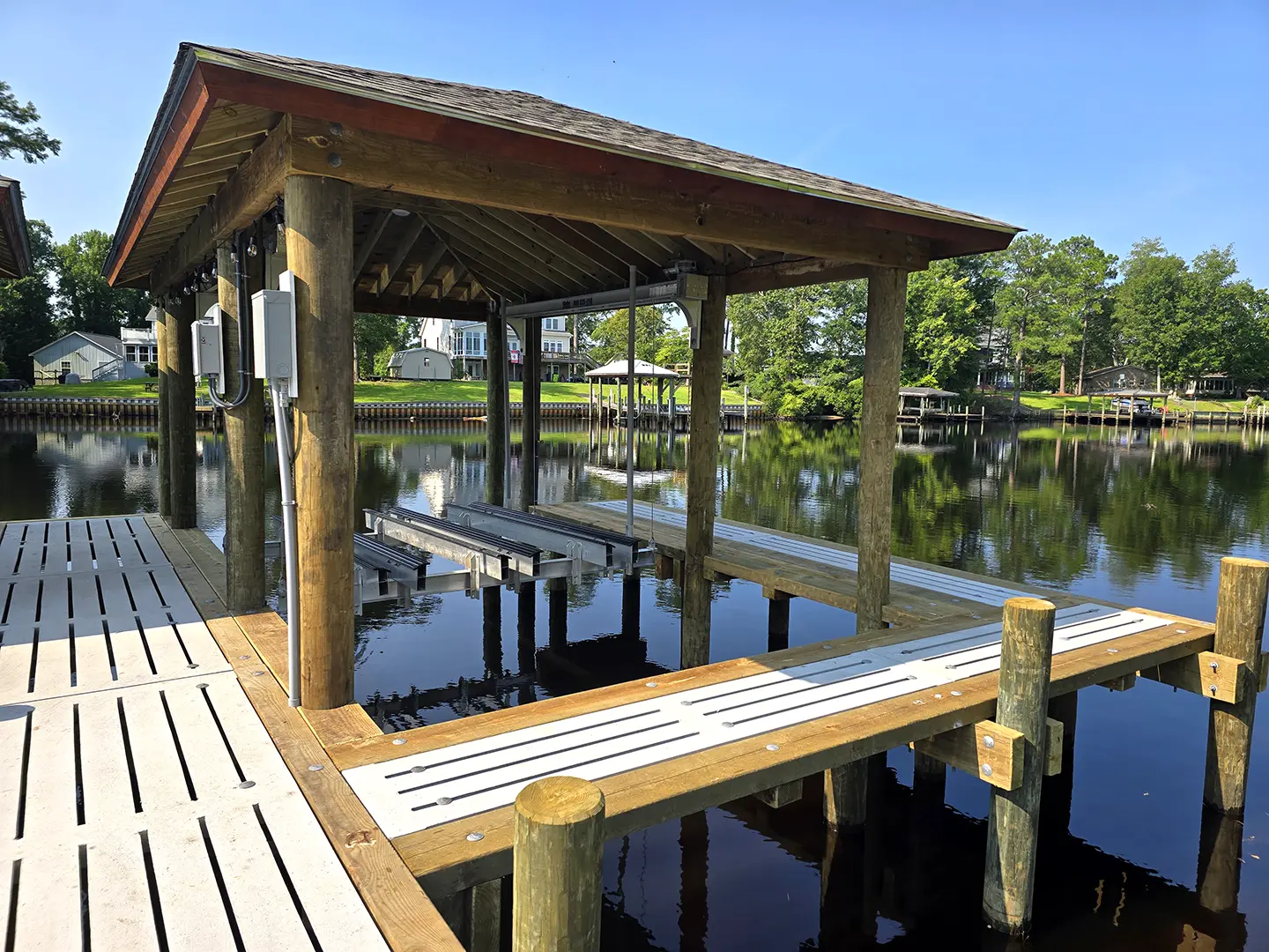 Hog Slat Dock with Boathouse, Boat Lift, Finger Piers and Covered Platform on Brices Creek
