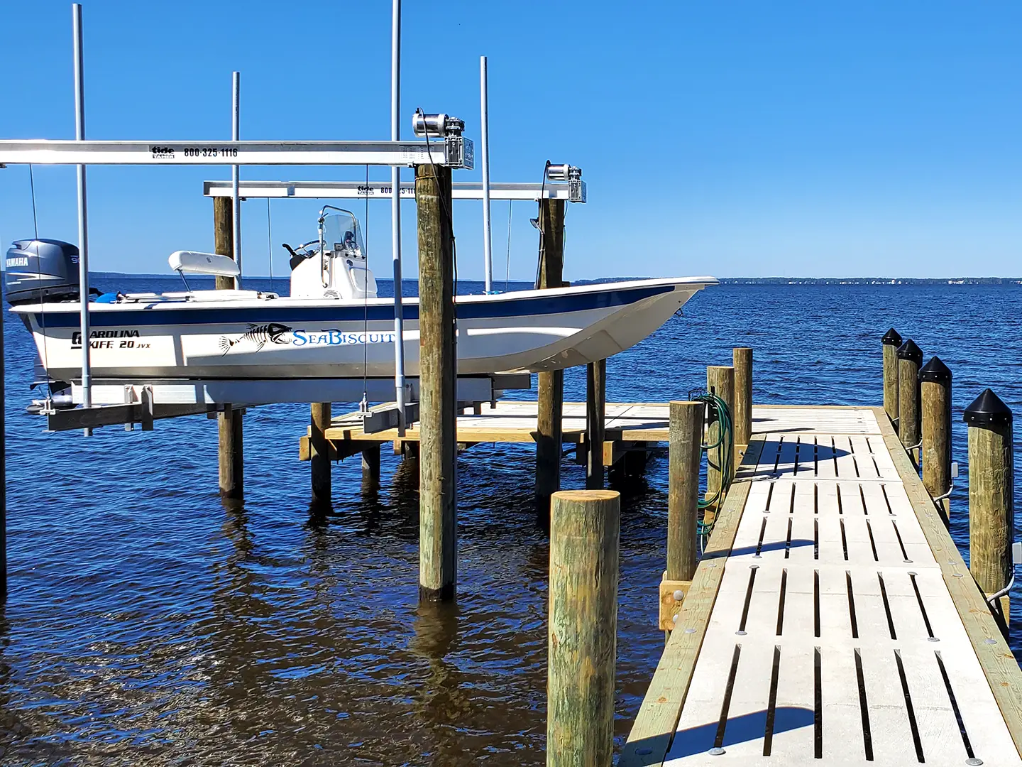 Neuse River Hog Slat Dock + Boat Lift & Seawall